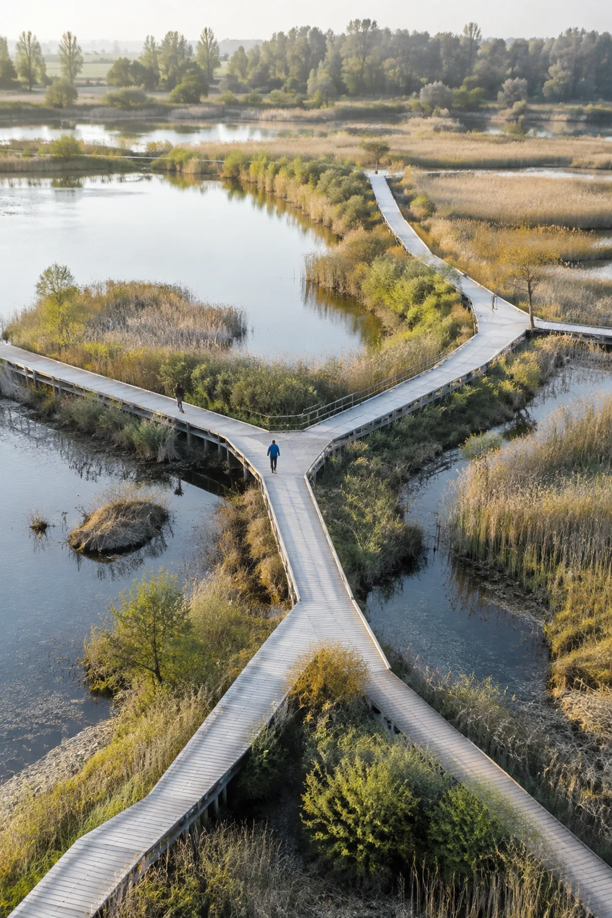 Branching timber paths crossing a wetland landscape.